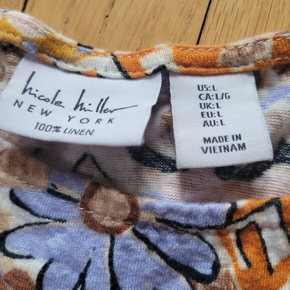 Nicole Miller Floral Linen Short Sleeve Top L Multicolor - Picture 3 of 5